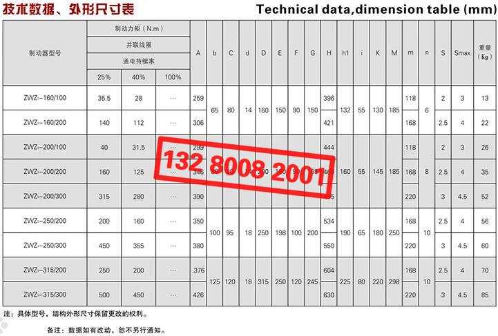 ZWZ3系列直流電磁鼓式制動器技術(shù)數(shù)據(jù)、外形尺寸表